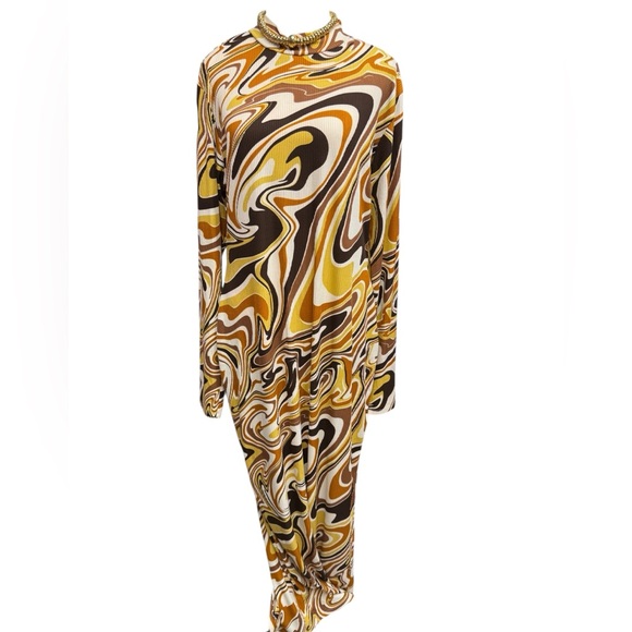 70s inspired Swirl Maxi Brown, Sienna, Mustard Dress with Stretch, Sz 2X - Picture 7 of 9